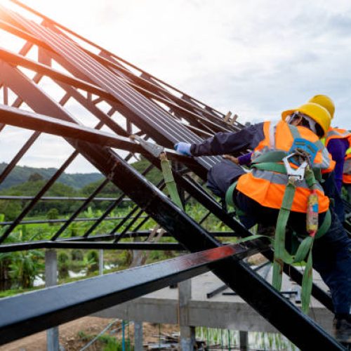 Construction worker wearing safety harness using secondary safety device connecting into 15 mm static rope using as fall restraint shingle on top of the new roof.